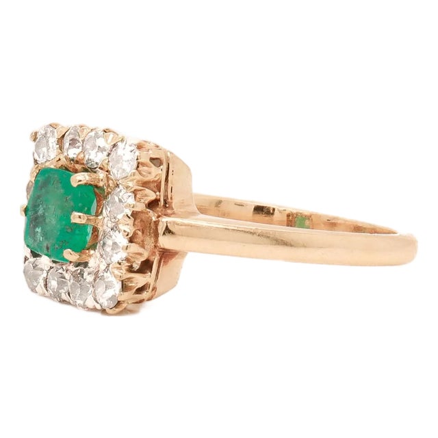 Antique 14k Gold, Emerald, and Diamond Cocktail Ring For Sale