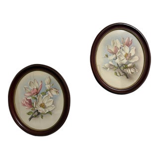 Vintage Pair of I. B. Fischer Co. Oval Framed Magnolia Prints For Sale