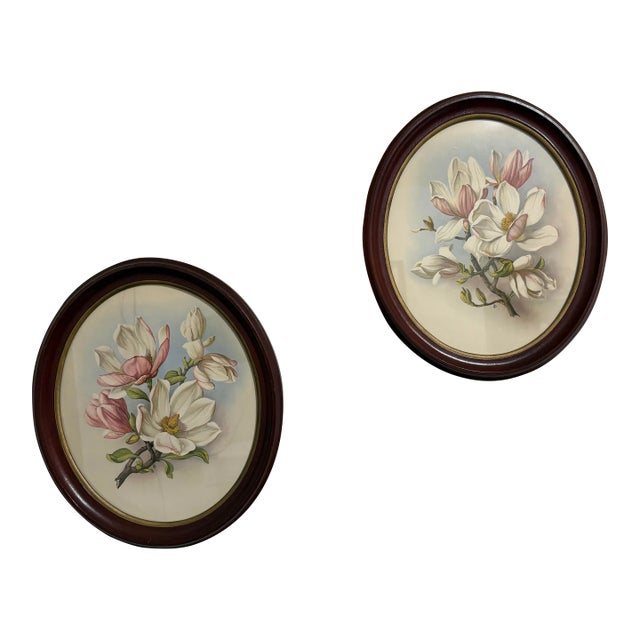 Vintage Pair of I. B. Fischer Co. Oval Framed Magnolia Prints For Sale
