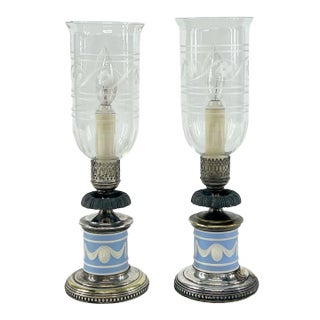 Pair of Vintage Sister Jasperware Candlestick Lamps, Attributed to Wedgwood For Sale