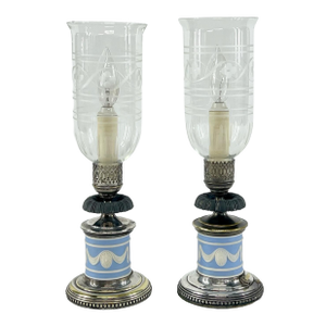 Pair of Vintage Sister Jasperware Candlestick Lamps, Attributed to Wedgwood