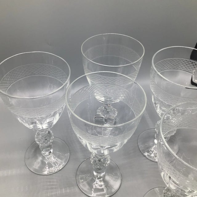 Traditional Morgantown "Eton" Water Goblets Cut Ball Stem, With Cross Hatch Band -Set of 5 Crystal Glasses For Sale - Image 3 of 13