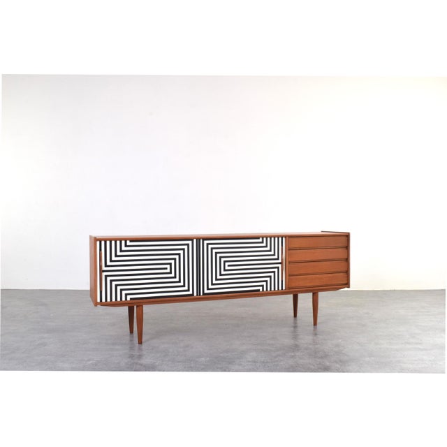 Mid-Century Modern Op-Art Hand-Painted Teak Sideboard, 1960s For Sale - Image 4 of 17