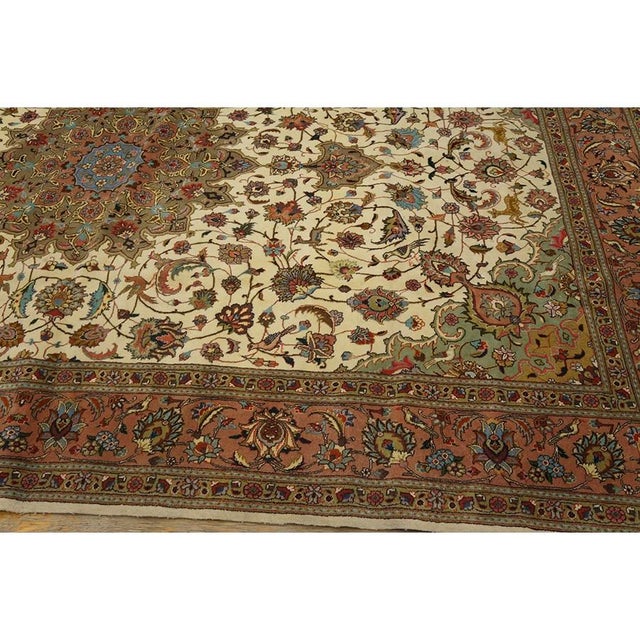 1940s Beige Mid Century Modern Medallion Tabriz Handknotted Silk Highlights Rug For Sale In New York - Image 6 of 7