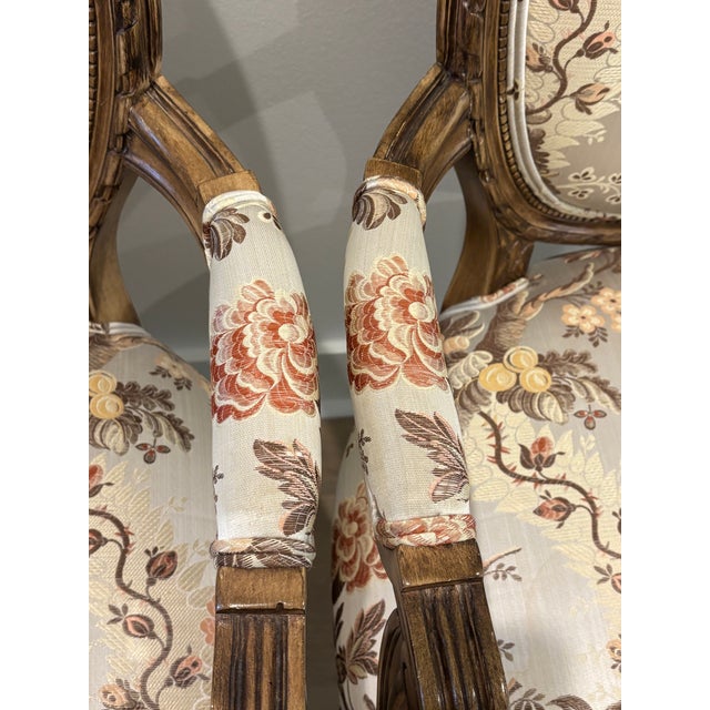 Vintage Louis XVI Style Carved Wood Fauteuil Armchairs in Floral Chinoiserie Upholstery - A Pair For Sale - Image 14 of 18