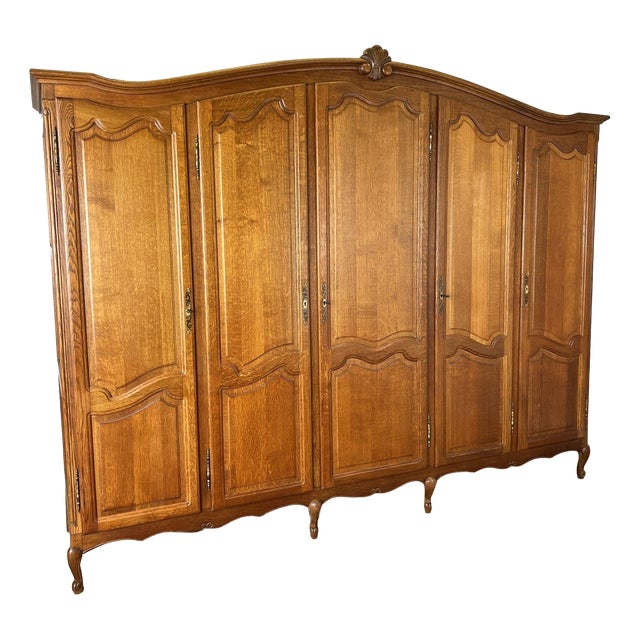 Vintage Louis XVI French Oak Five Door Carved Armoire For Sale