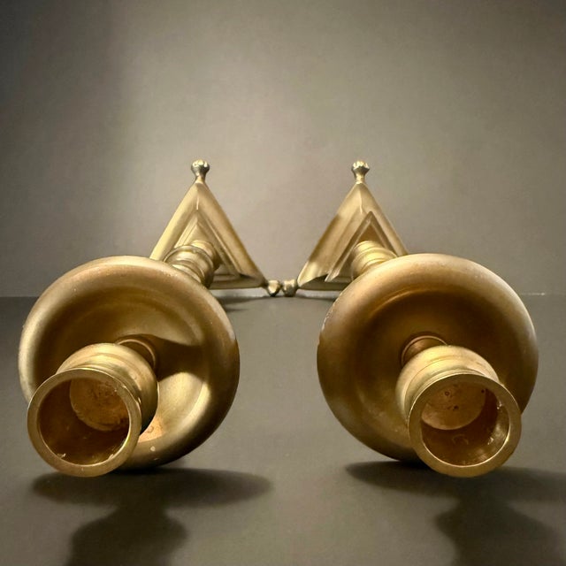 1970s Pair of Brass Mid Century Candlesticks With Triangular Base For Sale - Image 5 of 7