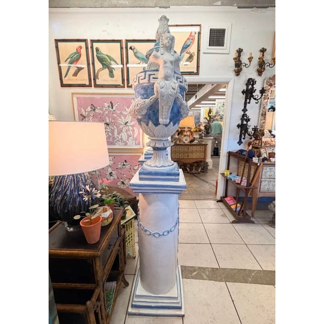 Ceramic Pair of Vintage Monumental 79” Italian Blue & White Glazed Ceramic Lidded Urns on Pedestals For Sale - Image 7 of 12