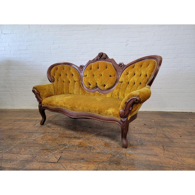 Antique Victorian Carved Wood Medallion Golden Yellow Velvet Loveseat