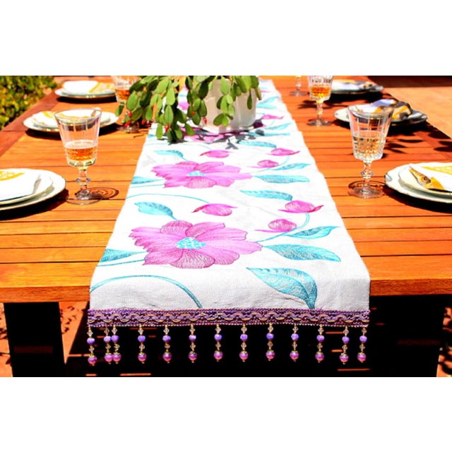 Floral Embroidery Natural Silk Table Runner With Sequins and Fringe For Sale - Image 11 of 13