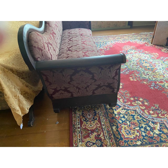 19th Century Classical American Empire Sofa Mahogany Wood Frame New Upholstery in Schumacher Fabric