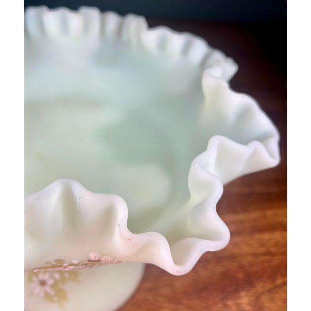 1970s Fenton Uranium Glass Daisies on Custard Round Pedestal Compote For Sale - Image 9 of 12