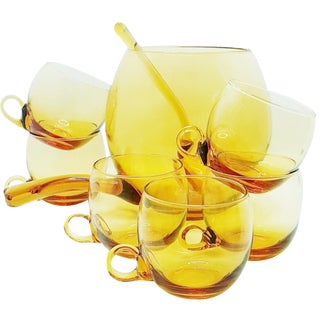 Hand Blown Amber Glass Punch Bowl Set, 1970s, Set of 8 For Sale
