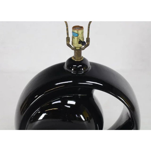 Black Glaze Pottery Mid-Century Modern Round Table Lamps - a Pair For Sale - Image 4 of 11