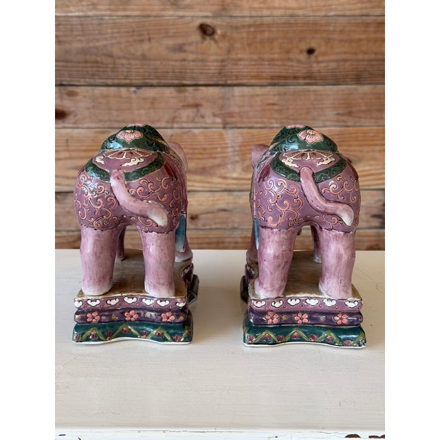 Chinoiserie Pair of Chinese Export Famille Rose Style Elephant Bookends or Decorative Objects For Sale - Image 3 of 11