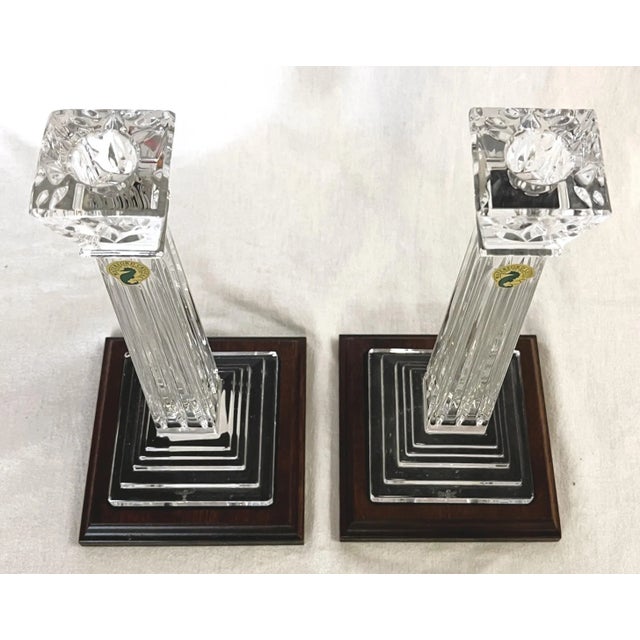 Traditional Waterford Crystal Candlesticks on Wood Plinths- a Pair For Sale - Image 3 of 13