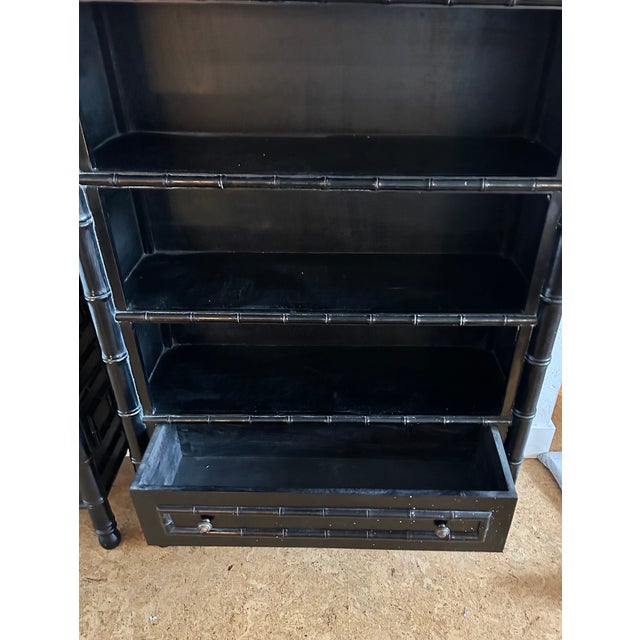 Black Vintage Pair Faux Bamboo Etagere Bookcase For Sale - Image 8 of 14