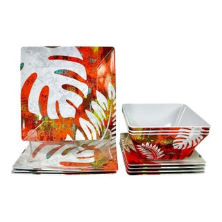 1990s Vintage Boho Chic Coastal Palm Leaf Melamine Dinnerware - 11 Piece Set For Sale