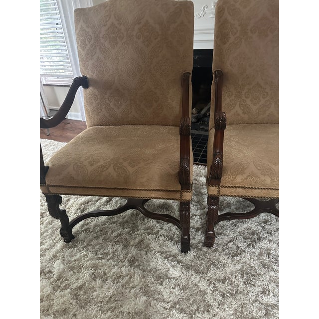 Taupe Pair of Sherrill Carved Wood Damask Armchairs With Nailhead Trim Pair of Sherrill Carved Wood Damask Armchairs With Nailhead Trim For Sale - Image 8 of 17