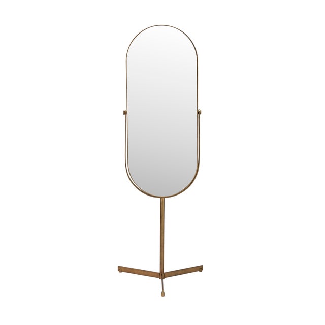 Contemporary Italian Freestanding Oval Mizar Mirror in Burnished Metal For Sale - Image 3 of 6