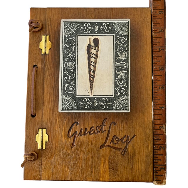 Vintage Handcrafted Wooden Guest Book With Seashell Inlay & Leather Tie Closures For Sale - Image 9 of 9