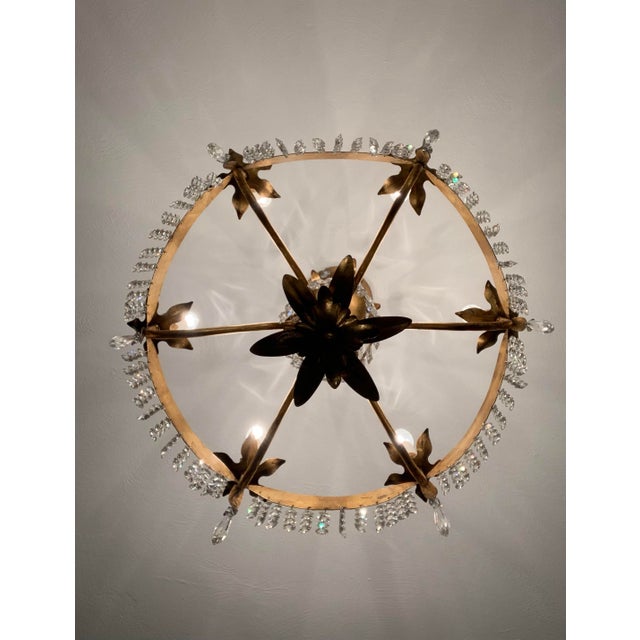 1940s Crystal Fringe Chandelier; Six Light, Hammered Brushed Brass, Glass Crystal Hollywood Regency Lighting For Sale - Image 4 of 12