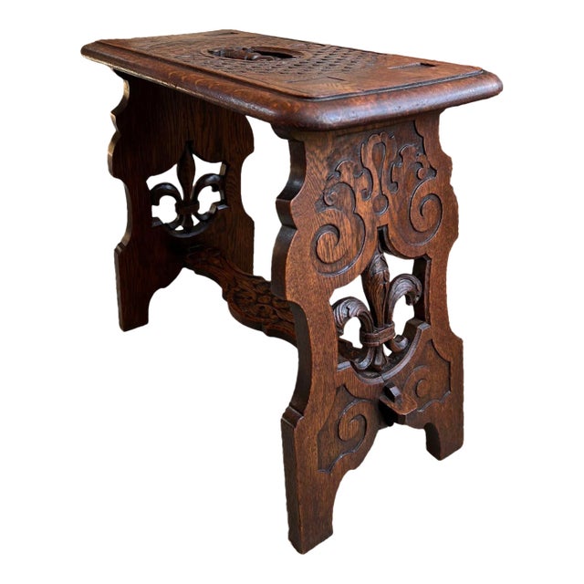 Antique French Bench Stool Gothic Renaissance Carved Oak Trestle Fleur De Lis For Sale