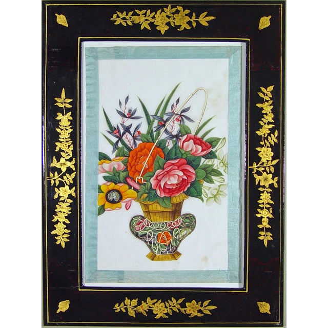 China Trade Watercolors on Pith Paper of Flower Baskets, Circa 1850. The watercolors on pith paper framed vertically...