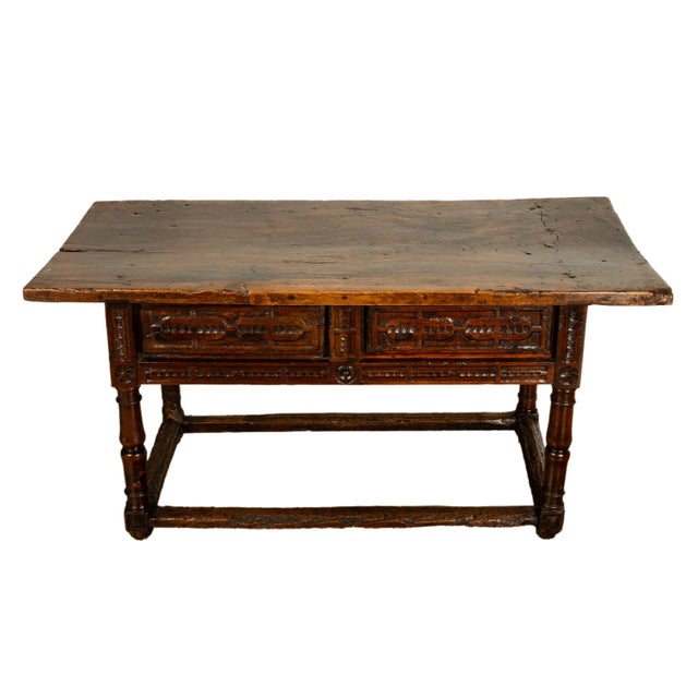 Antique Late 16th Century Spanish Baroque Carved Walnut Refectory Console Table Desk 1580 For Sale - Image 9 of 12
