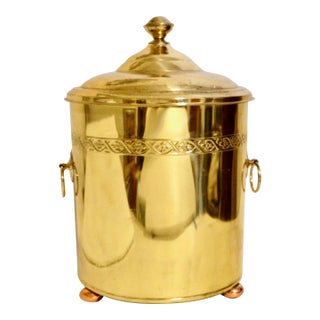 Large Antique English Gilt Brass Lidded Jardiniere / Container / Coal Bin For Sale