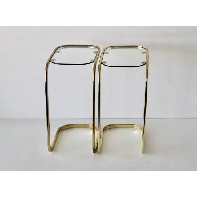 1970s Milo Baughman Style Brass Glass Cantilever Side Tables Vintage Mid-Century Modern-a Pair For Sale - Image 5 of 14