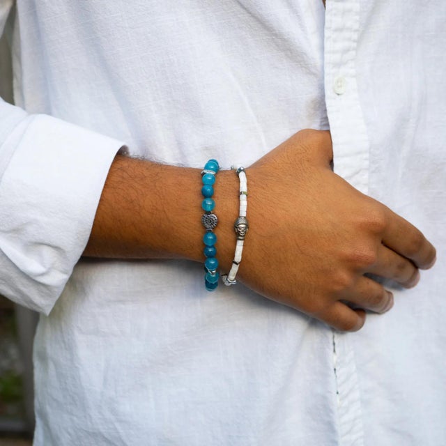 Ocean Zen Blue Jade & White Pearl Men’s Bracelet Set For Sale In Miami - Image 6 of 7