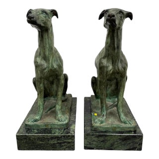 Pair of Bronze Greyhound Dog Sculptures on Marble Bases For Sale