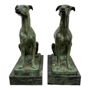 Pair of Bronze Greyhound Dog Sculptures on Marble Bases