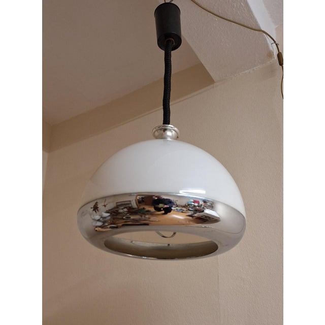 Metal Vintage Height-Adjustable Ceiling Lamp with White Plastic Shade and Chrome-Plated Metal, 1970s For Sale - Image 7 of 8