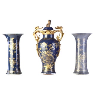 18th Century Chinese Powder Blue Gilt-Decorated Vases, 1780s, Set of 3 For Sale