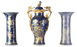 18th Century Chinese Powder Blue Gilt-Decorated Vases, 1780s, Set of 3