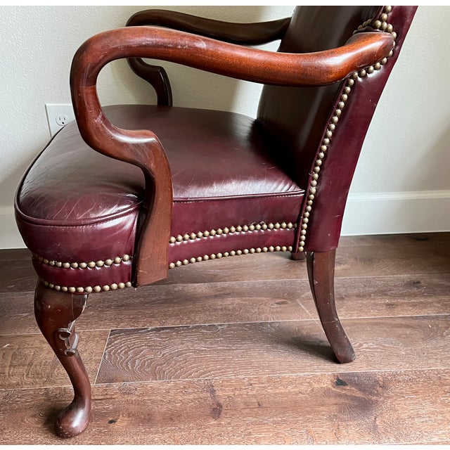 Late 20th Century St. Timothy Queen Anne Style Maroon Leather Library/Office Chairs - A Pair For Sale In Dallas - Image 6 of 12