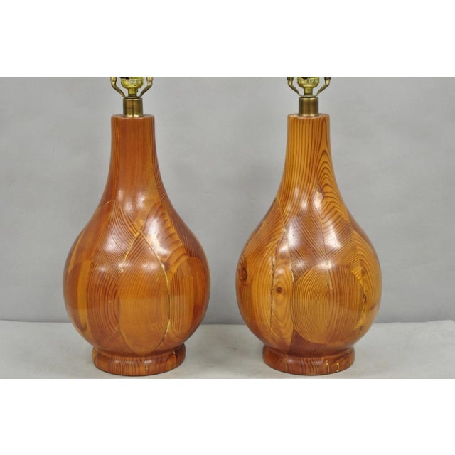 Mid-Century Modern Vintage Mid Century Modern Bulbous Sculpted Swedish Pine Wood Table Lamps, Pair For Sale - Image 3 of 12