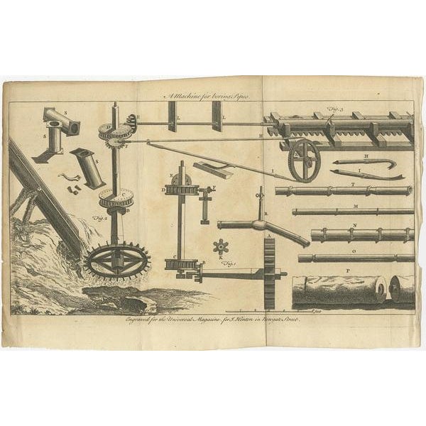 Antique print titled 'A machine for boring Pipes'. Print of a machine for boring pipes. This print originates from 'The...