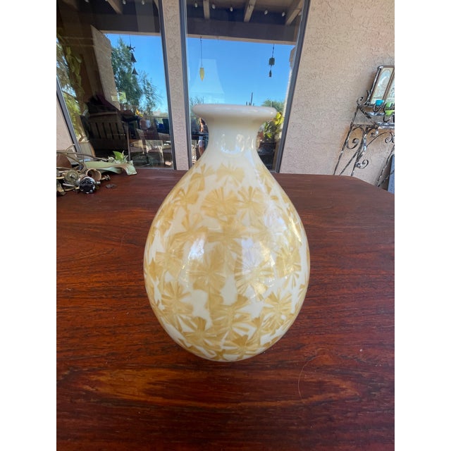 Wheel-thrown porcelain vase form. Beautiful Vanadium Crystalline wheel thrown porcelain vase. Stamped with Chinese figure...