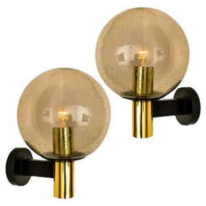 Glass & Brass Wall Lamps by Glashütte Limburg, 1975s, Set of 2