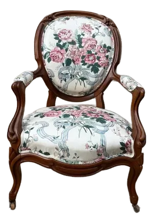 Early 20th Century Antique Victorian Style Carved Floral Upholstered Open Armchair Parlor Chair.