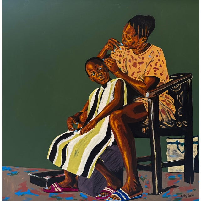 Figurative The Grooming , Acrylic Painting on Canvas by Emmanuel Akolo For Sale - Image 3 of 11