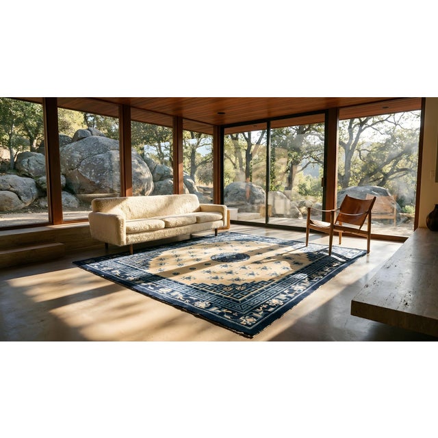 1920s Beige Medallion Floral Antique Chinese Baotou Carpet 5' 9" X 6' 2" Handknotted Wool Rug For Sale - Image 12 of 14