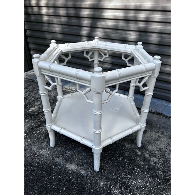 1970s Vintage Allegro White Hexagonal Faux Bamboo Side Table For Sale - Image 5 of 7