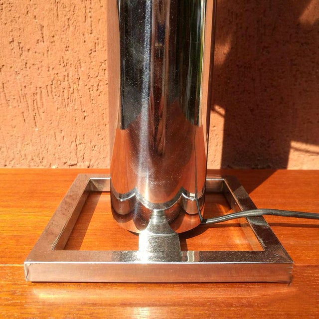 Brown 1960s Brutalist Italian Leather & Chrome Table Lamp For Sale - Image 8 of 8