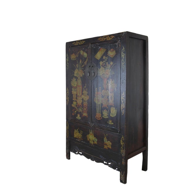 Chinese Hand Painted Flower 2 Panel Doors Antique Chinese Cabinet For Sale - Image 3 of 16