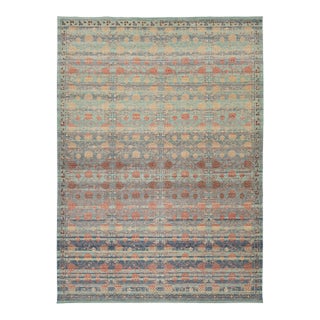 10x14 Modern Khotan Style Hand-Knotted Wool Area Rug – Teal, Rust & Ochre For Sale