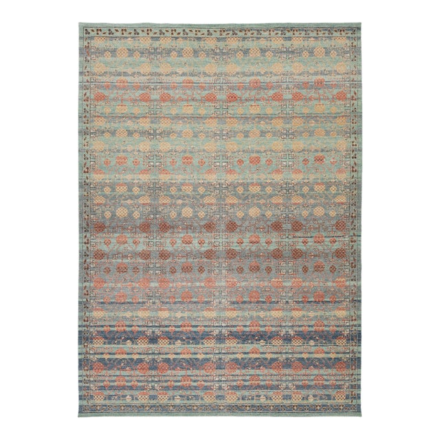 10x14 Modern Khotan Style Hand-Knotted Wool Area Rug – Teal, Rust & Ochre For Sale